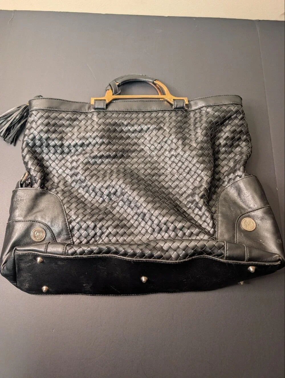 Joy Mangano Designer Drop Bag Black Woven Tote Purse Set with Pocket Watch Charm